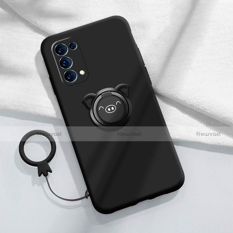 Ultra-thin Silicone Gel Soft Case Cover with Magnetic Finger Ring Stand for Oppo Reno5 5G Black