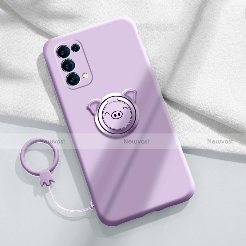 Ultra-thin Silicone Gel Soft Case Cover with Magnetic Finger Ring Stand for Oppo Reno5 5G Clove Purple