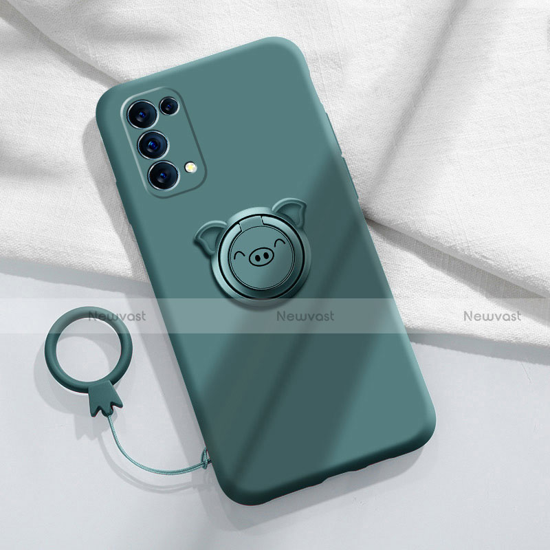 Ultra-thin Silicone Gel Soft Case Cover with Magnetic Finger Ring Stand for Oppo Reno5 5G Midnight Green