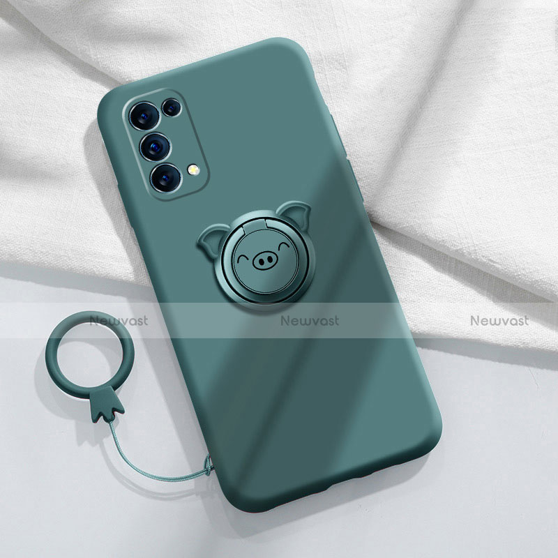 Ultra-thin Silicone Gel Soft Case Cover with Magnetic Finger Ring Stand for Oppo Reno5 Pro 5G Midnight Green