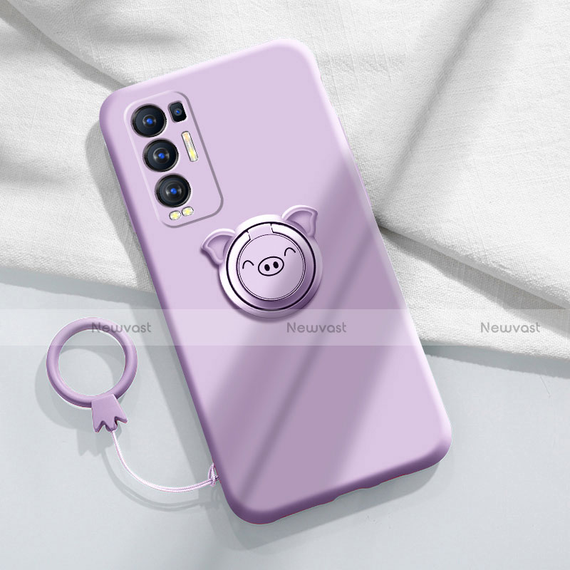 Ultra-thin Silicone Gel Soft Case Cover with Magnetic Finger Ring Stand for Oppo Reno5 Pro+ Plus 5G Clove Purple