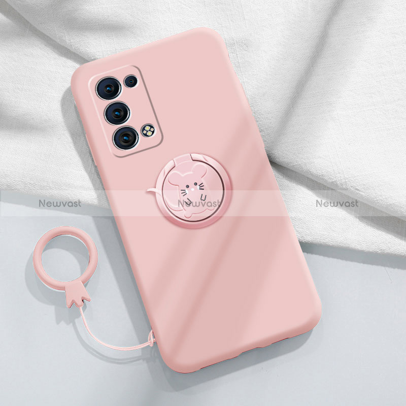 Ultra-thin Silicone Gel Soft Case Cover with Magnetic Finger Ring Stand for Oppo Reno6 Pro+ Plus 5G Pink