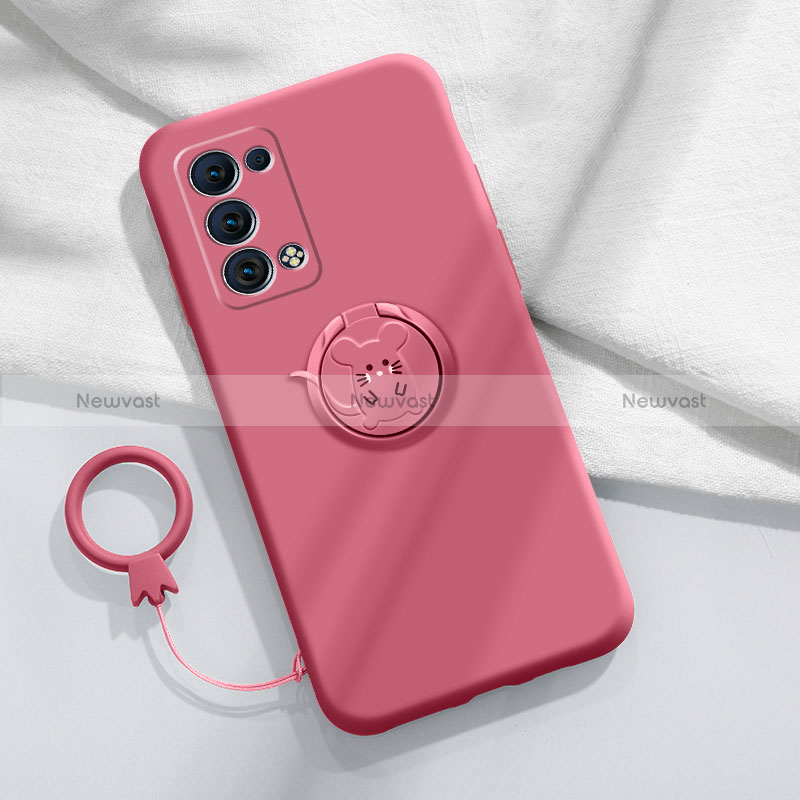 Ultra-thin Silicone Gel Soft Case Cover with Magnetic Finger Ring Stand for Oppo Reno6 Pro+ Plus 5G Red