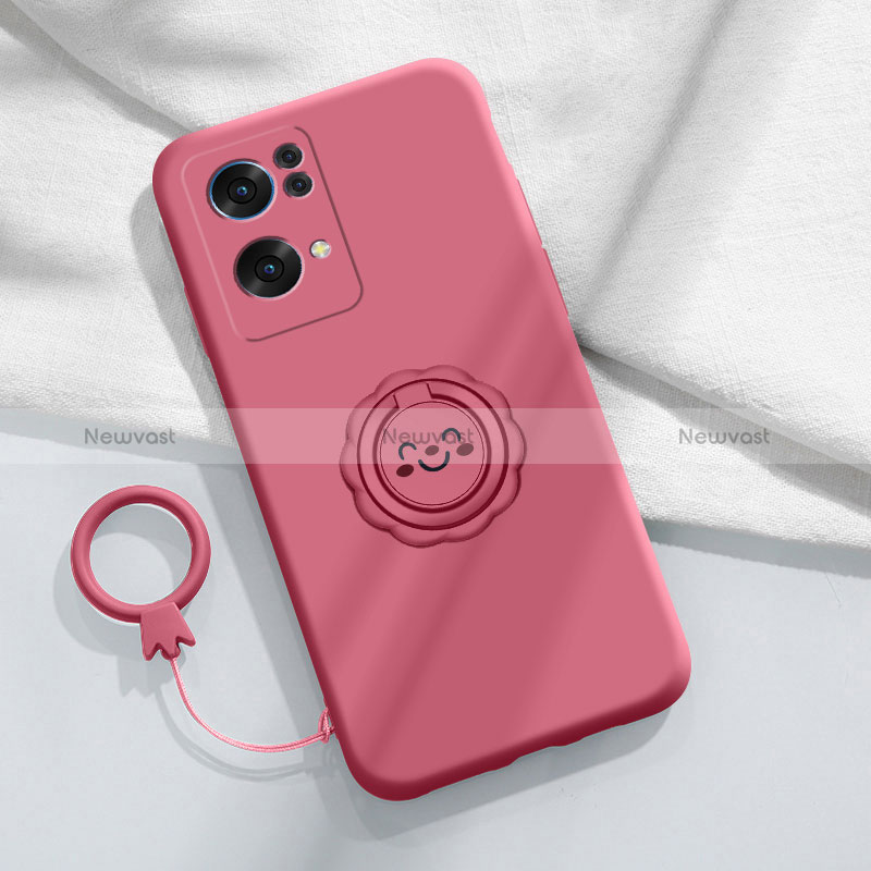 Ultra-thin Silicone Gel Soft Case Cover with Magnetic Finger Ring Stand for Oppo Reno7 Pro 5G Hot Pink