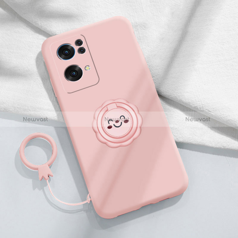 Ultra-thin Silicone Gel Soft Case Cover with Magnetic Finger Ring Stand for Oppo Reno7 Pro 5G Pink