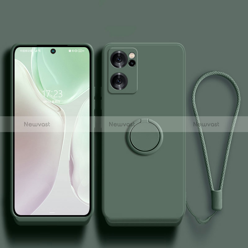 Ultra-thin Silicone Gel Soft Case Cover with Magnetic Finger Ring Stand for Oppo Reno7 SE 5G Midnight Green