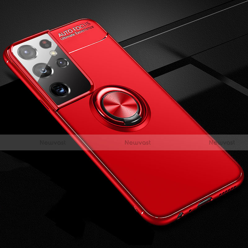 Ultra-thin Silicone Gel Soft Case Cover with Magnetic Finger Ring Stand for Samsung Galaxy S21 Ultra 5G Red