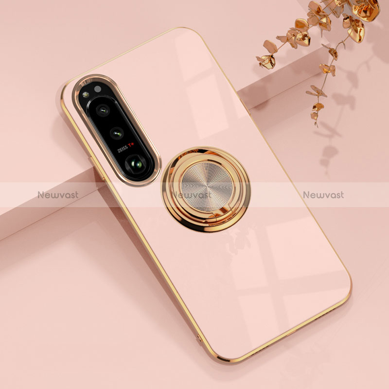 Ultra-thin Silicone Gel Soft Case Cover with Magnetic Finger Ring Stand for Sony Xperia 10 IV Pink