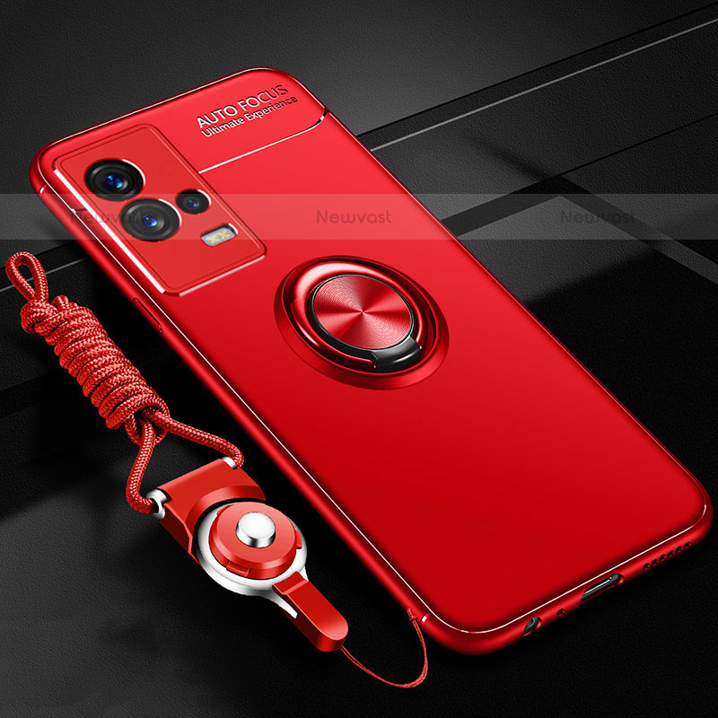 Ultra-thin Silicone Gel Soft Case Cover with Magnetic Finger Ring Stand for Vivo iQOO 8 Pro 5G Red