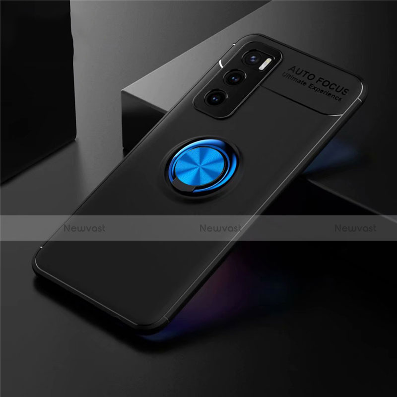 Ultra-thin Silicone Gel Soft Case Cover with Magnetic Finger Ring Stand for Vivo V20 SE Blue and Black