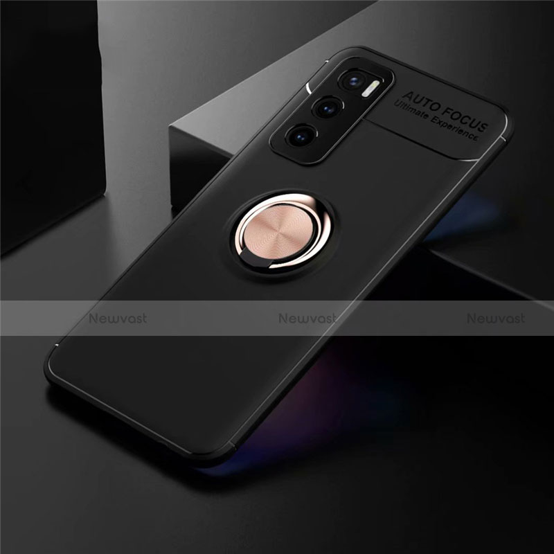 Ultra-thin Silicone Gel Soft Case Cover with Magnetic Finger Ring Stand for Vivo V20 SE Gold and Black