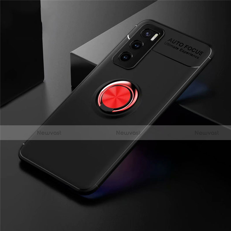 Ultra-thin Silicone Gel Soft Case Cover with Magnetic Finger Ring Stand for Vivo V20 SE Red and Black