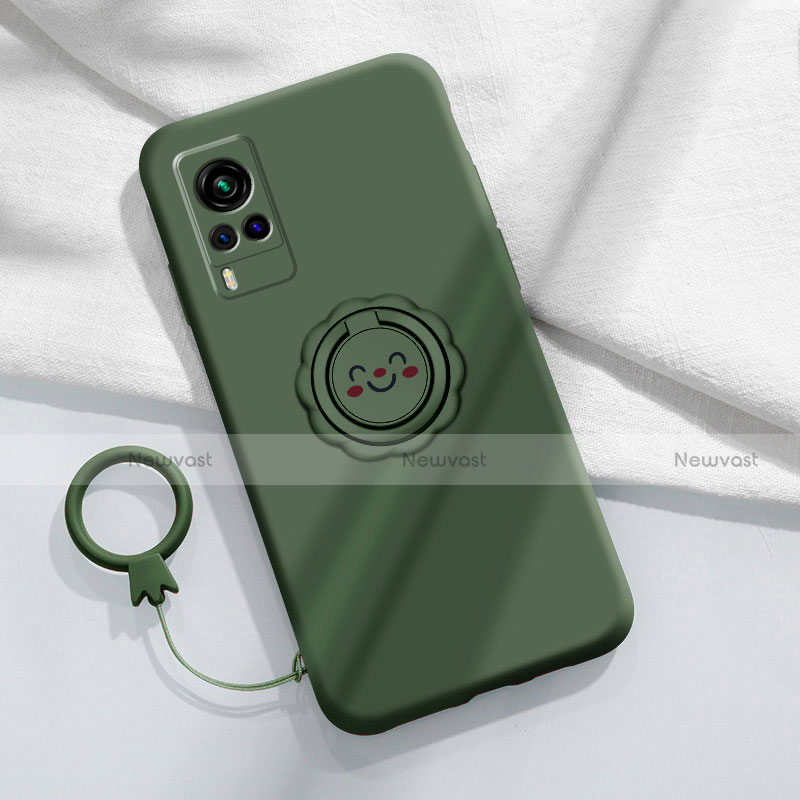 Ultra-thin Silicone Gel Soft Case Cover with Magnetic Finger Ring Stand for Vivo X60 5G Midnight Green