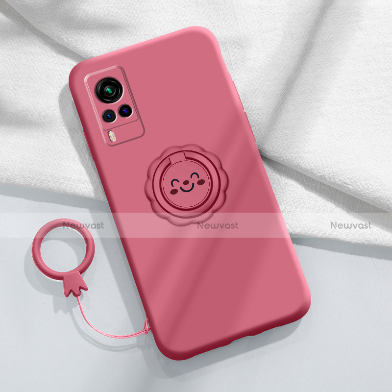 Ultra-thin Silicone Gel Soft Case Cover with Magnetic Finger Ring Stand for Vivo X60 5G Red Wine