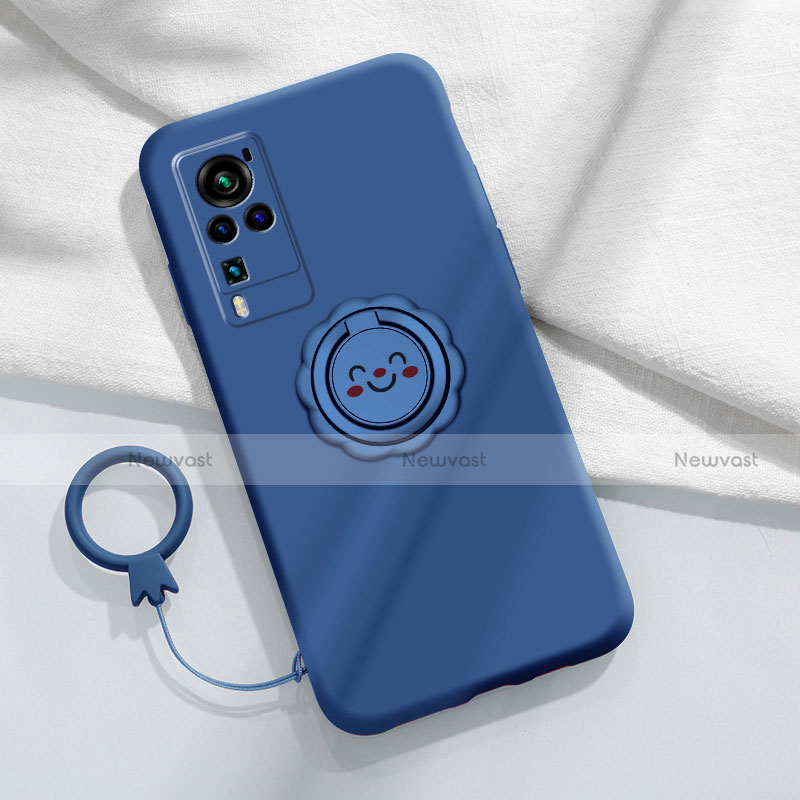 Ultra-thin Silicone Gel Soft Case Cover with Magnetic Finger Ring Stand for Vivo X60 Pro 5G Blue