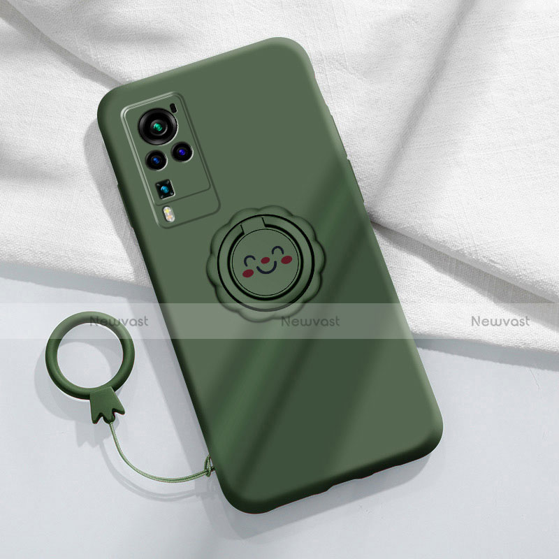 Ultra-thin Silicone Gel Soft Case Cover with Magnetic Finger Ring Stand for Vivo X60 Pro 5G Midnight Green