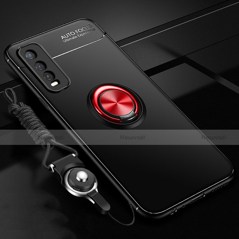Ultra-thin Silicone Gel Soft Case Cover with Magnetic Finger Ring Stand for Vivo Y11s Red and Black