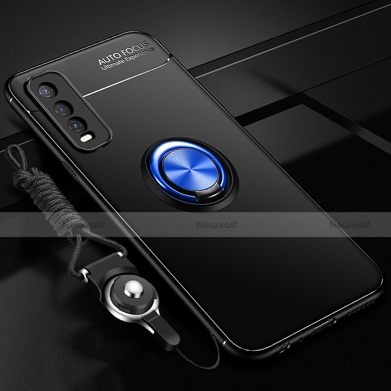 Ultra-thin Silicone Gel Soft Case Cover with Magnetic Finger Ring Stand for Vivo Y12s Blue and Black