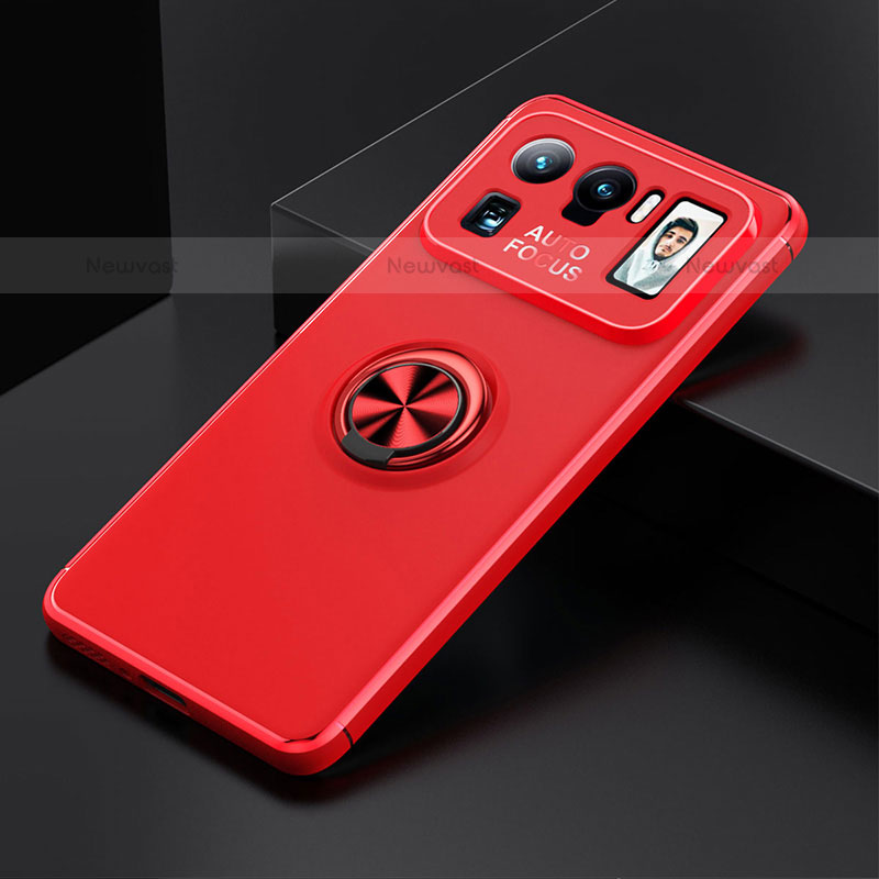 Ultra-thin Silicone Gel Soft Case Cover with Magnetic Finger Ring Stand for Xiaomi Mi 11 Ultra 5G Red