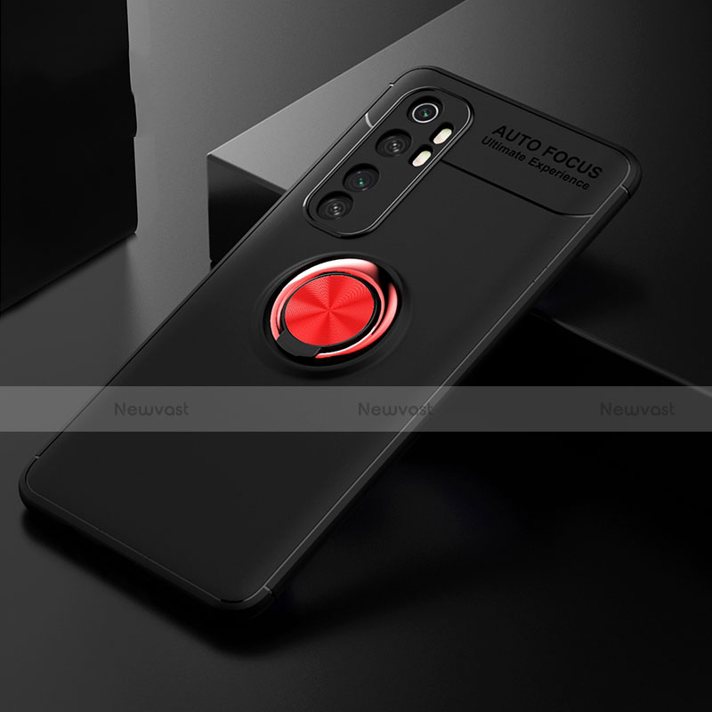 Ultra-thin Silicone Gel Soft Case Cover with Magnetic Finger Ring Stand for Xiaomi Mi Note 10 Lite Red and Black