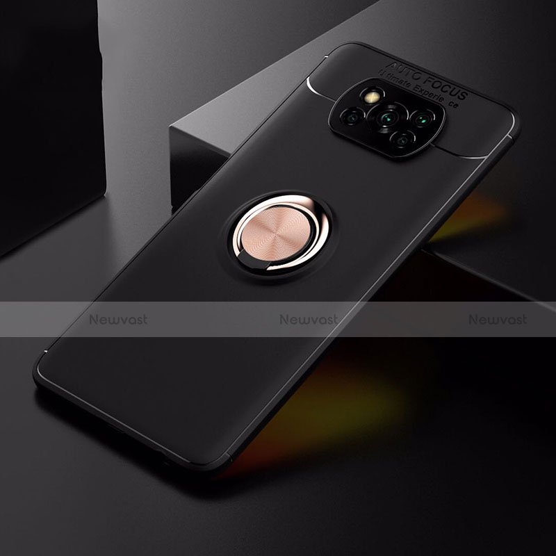 Ultra-thin Silicone Gel Soft Case Cover with Magnetic Finger Ring Stand for Xiaomi Poco X3 Gold and Black