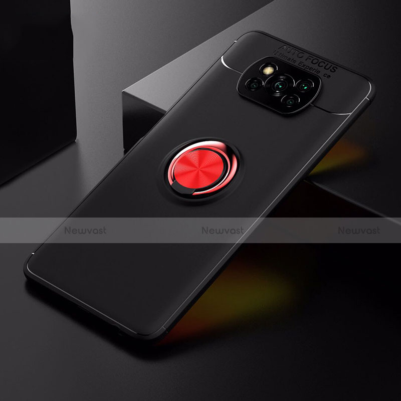 Ultra-thin Silicone Gel Soft Case Cover with Magnetic Finger Ring Stand for Xiaomi Poco X3 NFC Red and Black