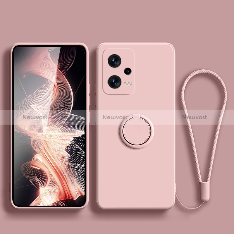 Ultra-thin Silicone Gel Soft Case Cover with Magnetic Finger Ring Stand for Xiaomi Redmi Note 12 5G Pink