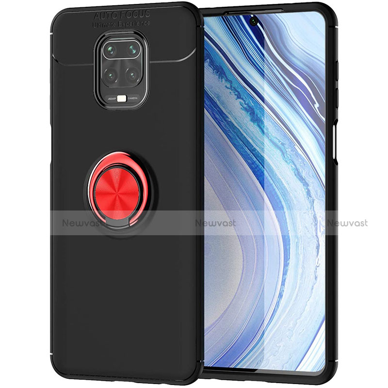 Ultra-thin Silicone Gel Soft Case Cover with Magnetic Finger Ring Stand for Xiaomi Redmi Note 9 Pro Red and Black