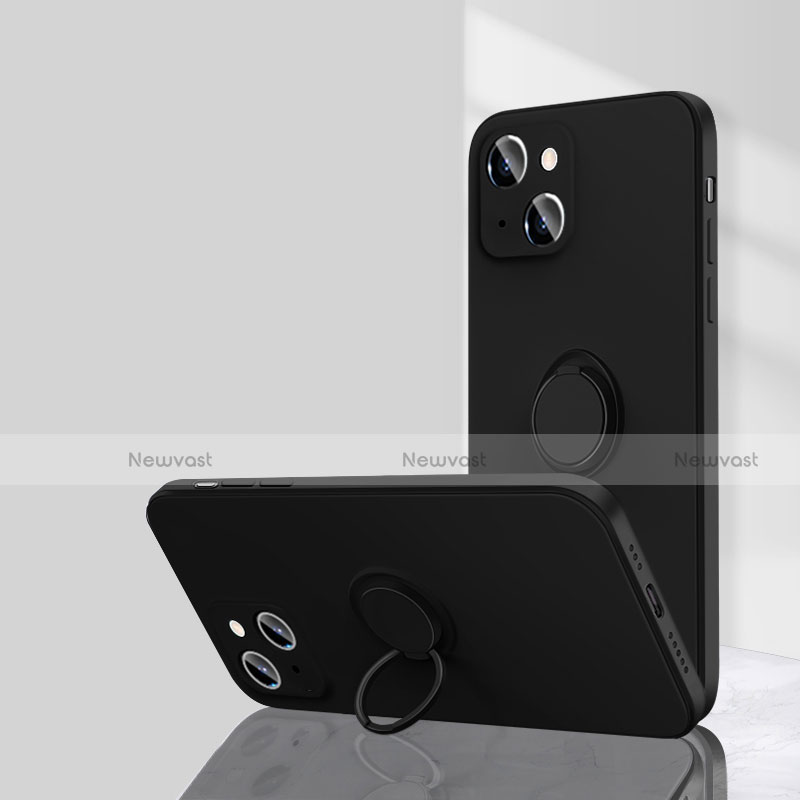 Ultra-thin Silicone Gel Soft Case Cover with Magnetic Finger Ring Stand G01 for Apple iPhone 14 Black