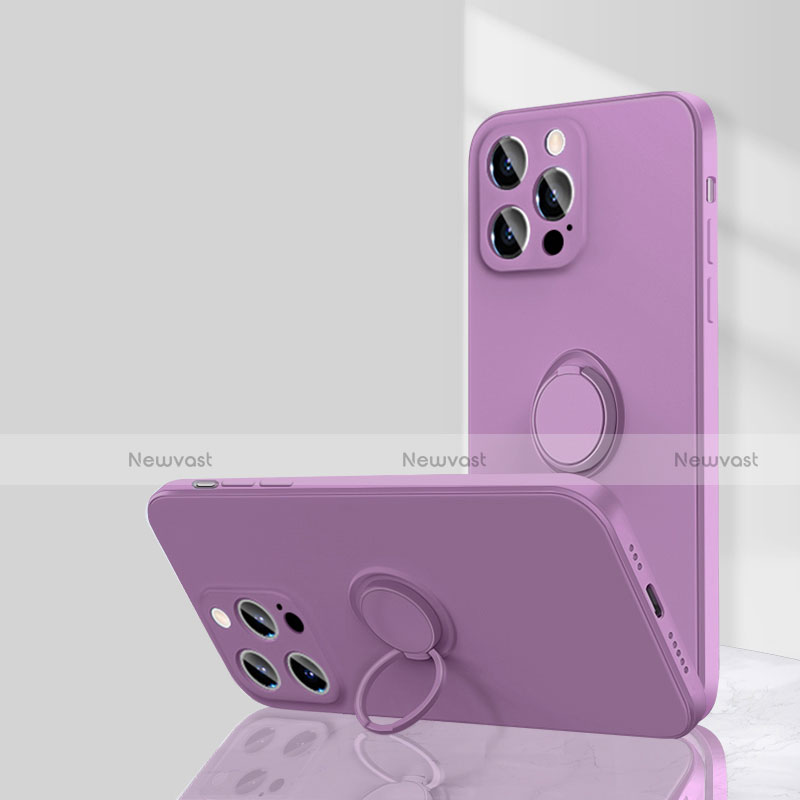 Ultra-thin Silicone Gel Soft Case Cover with Magnetic Finger Ring Stand G01 for Apple iPhone 14 Pro Purple