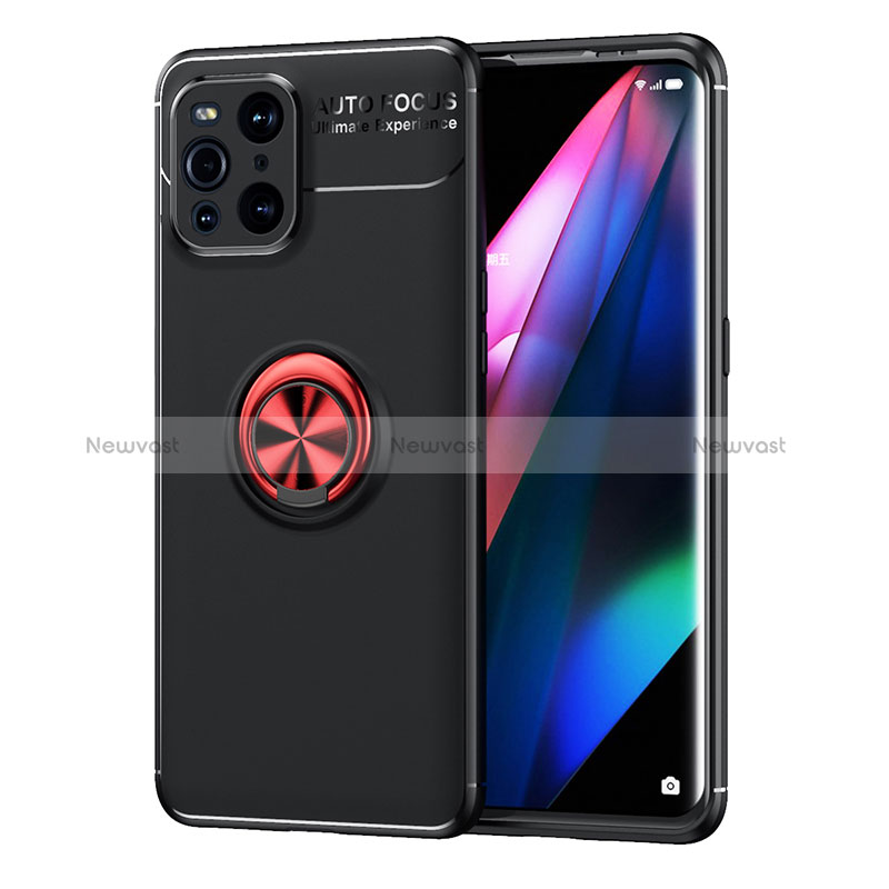 Ultra-thin Silicone Gel Soft Case Cover with Magnetic Finger Ring Stand JM1 for Oppo Find X3 5G Red and Black
