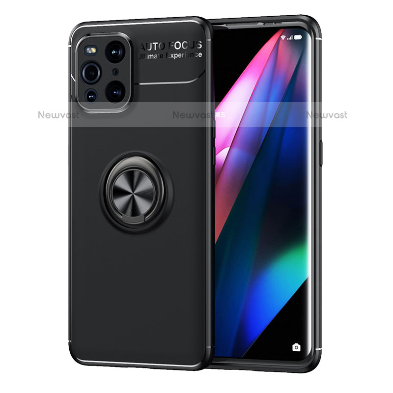 Ultra-thin Silicone Gel Soft Case Cover with Magnetic Finger Ring Stand JM1 for Oppo Find X3 Pro 5G Black