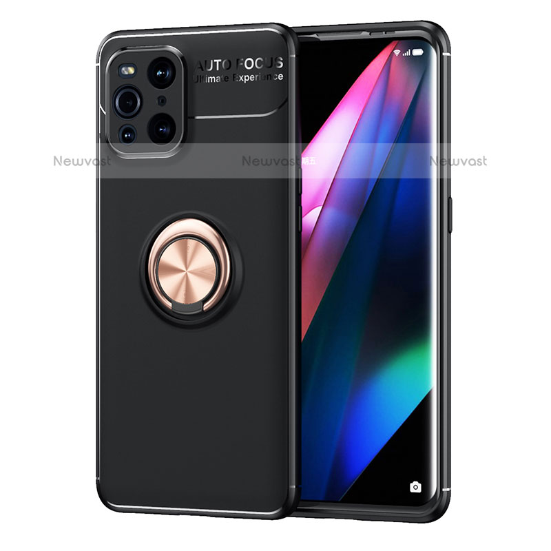 Ultra-thin Silicone Gel Soft Case Cover with Magnetic Finger Ring Stand JM1 for Oppo Find X3 Pro 5G Gold and Black