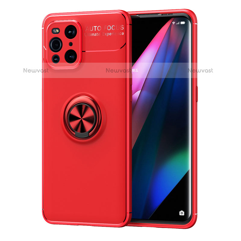 Ultra-thin Silicone Gel Soft Case Cover with Magnetic Finger Ring Stand JM1 for Oppo Find X3 Pro 5G Red