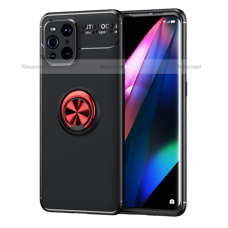 Ultra-thin Silicone Gel Soft Case Cover with Magnetic Finger Ring Stand JM1 for Oppo Find X3 Pro 5G Red and Black