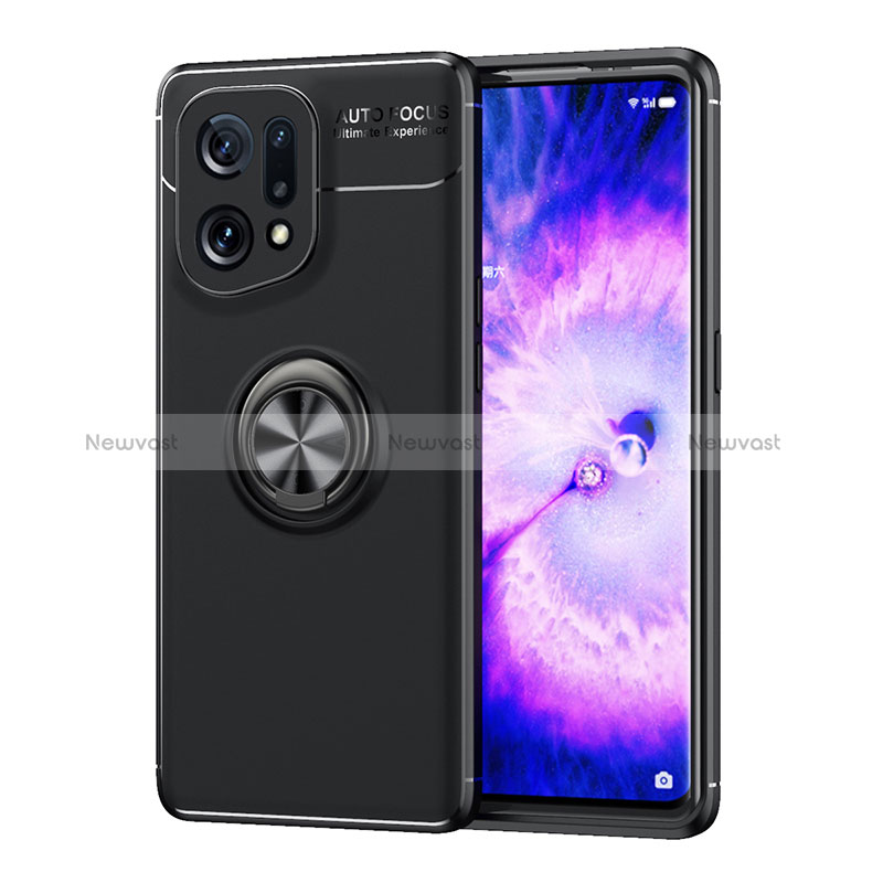 Ultra-thin Silicone Gel Soft Case Cover with Magnetic Finger Ring Stand JM1 for Oppo Find X5 5G Black