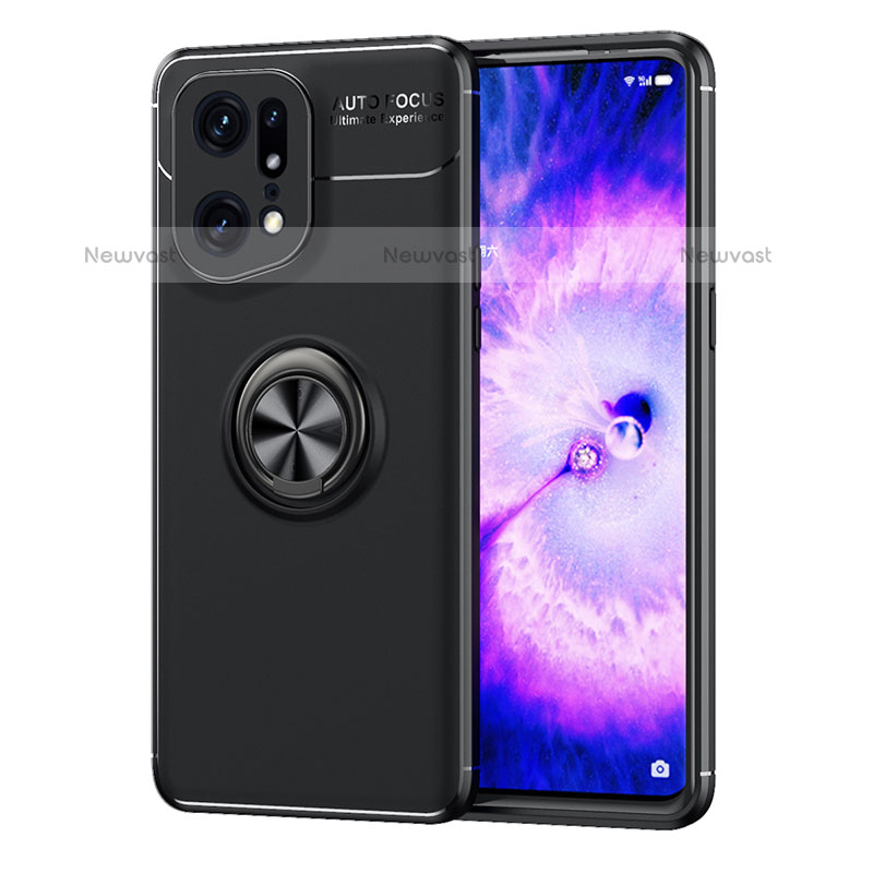 Ultra-thin Silicone Gel Soft Case Cover with Magnetic Finger Ring Stand JM1 for Oppo Find X5 Pro 5G Black