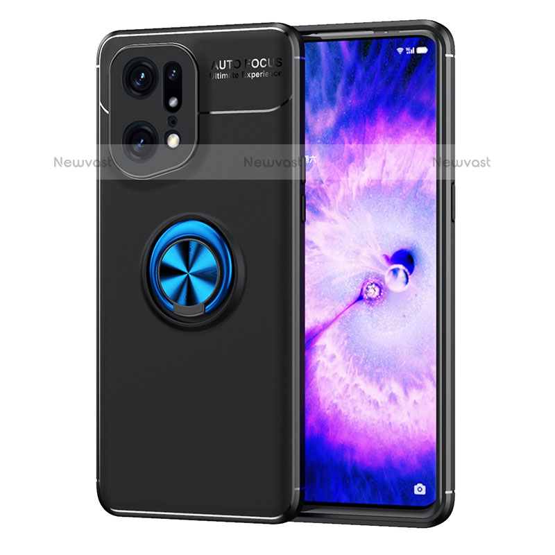 Ultra-thin Silicone Gel Soft Case Cover with Magnetic Finger Ring Stand JM1 for Oppo Find X5 Pro 5G Blue and Black