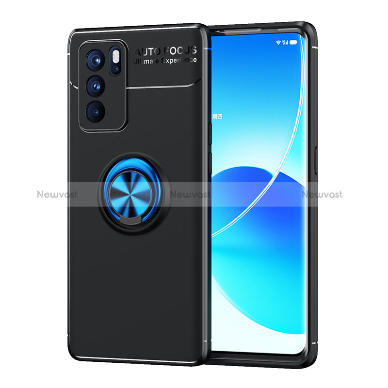 Ultra-thin Silicone Gel Soft Case Cover with Magnetic Finger Ring Stand JM1 for Oppo Reno6 Pro 5G India Blue and Black