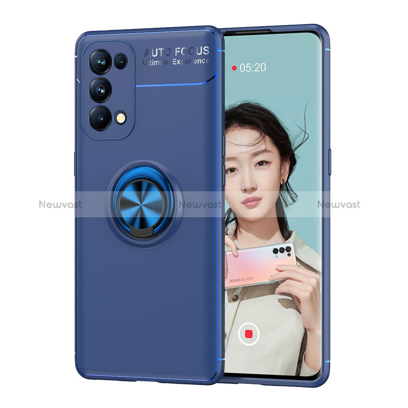 Ultra-thin Silicone Gel Soft Case Cover with Magnetic Finger Ring Stand JM1 for Oppo Reno6 Pro+ Plus 5G Blue