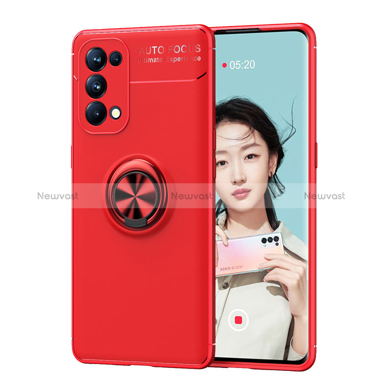 Ultra-thin Silicone Gel Soft Case Cover with Magnetic Finger Ring Stand JM1 for Oppo Reno6 Pro+ Plus 5G Red