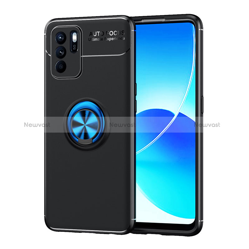 Ultra-thin Silicone Gel Soft Case Cover with Magnetic Finger Ring Stand JM1 for Oppo Reno6 Z 5G Blue and Black