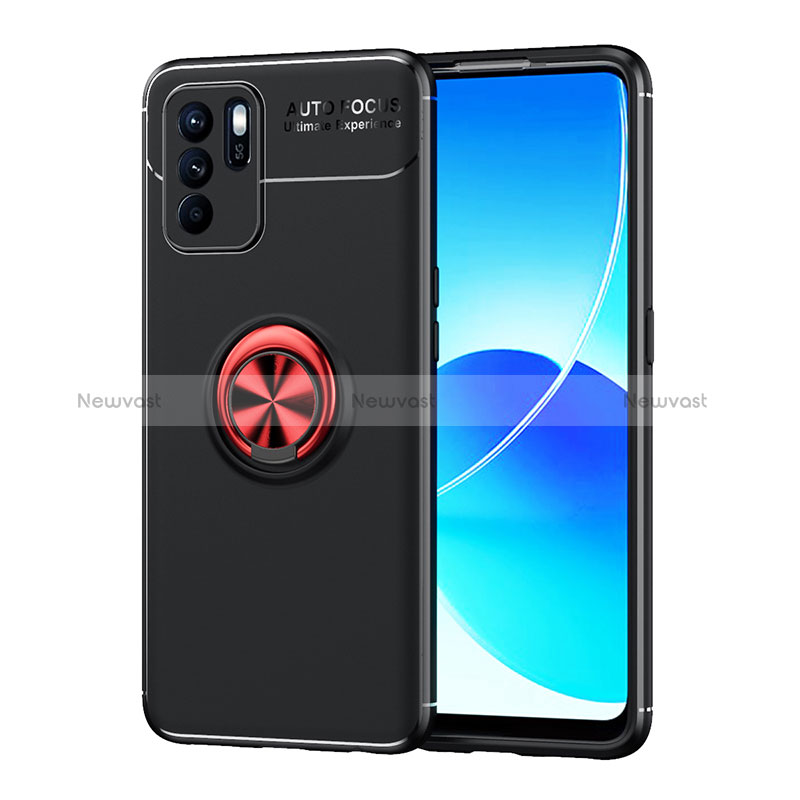 Ultra-thin Silicone Gel Soft Case Cover with Magnetic Finger Ring Stand JM1 for Oppo Reno6 Z 5G Red and Black