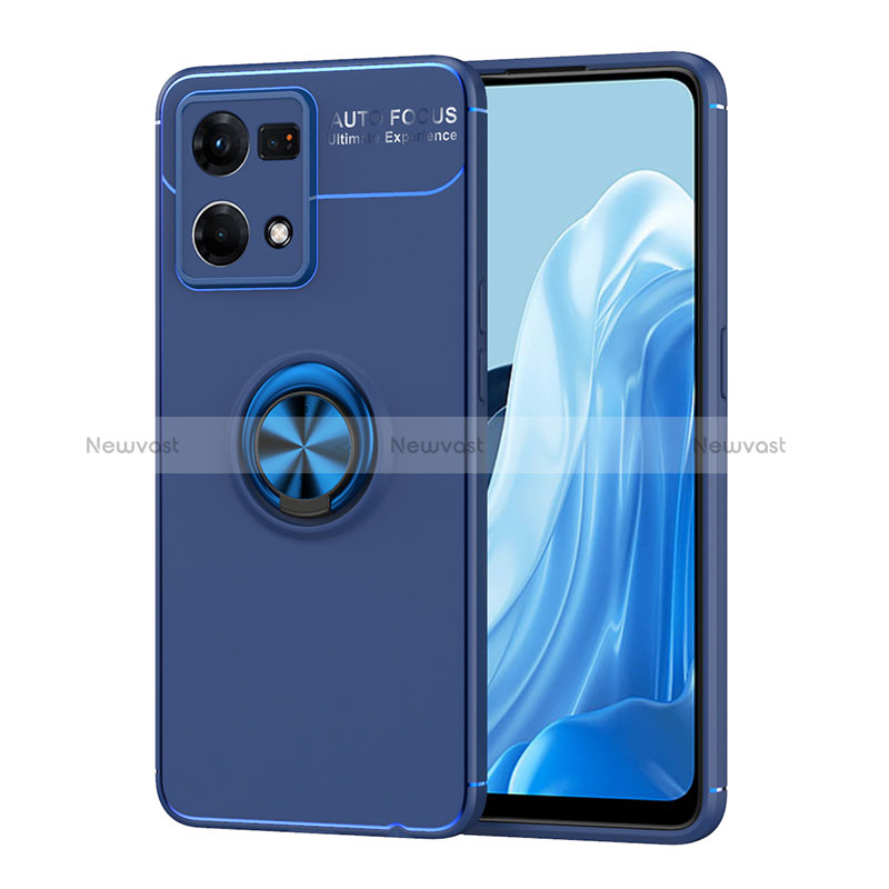Ultra-thin Silicone Gel Soft Case Cover with Magnetic Finger Ring Stand JM1 for Oppo Reno7 4G Blue