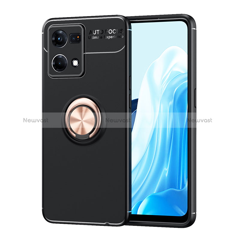 Ultra-thin Silicone Gel Soft Case Cover with Magnetic Finger Ring Stand JM1 for Oppo Reno7 4G Gold and Black