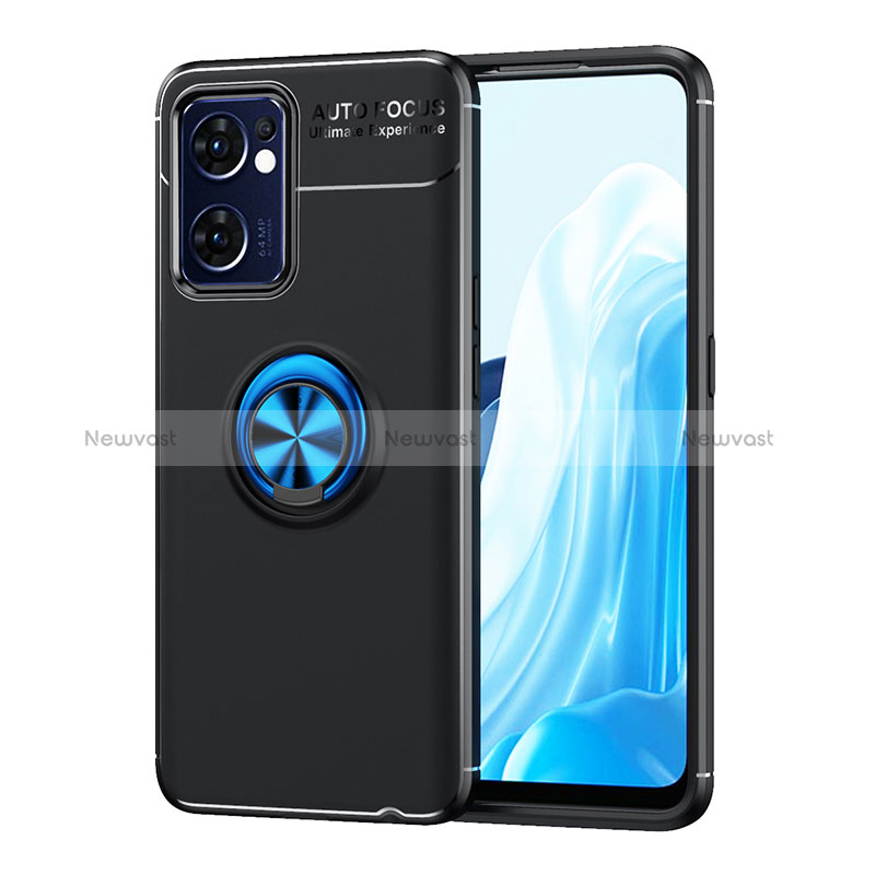 Ultra-thin Silicone Gel Soft Case Cover with Magnetic Finger Ring Stand JM1 for Oppo Reno7 5G Blue and Black