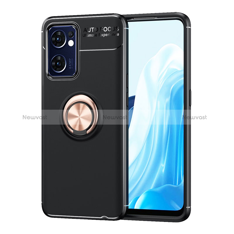 Ultra-thin Silicone Gel Soft Case Cover with Magnetic Finger Ring Stand JM1 for Oppo Reno7 5G Gold and Black