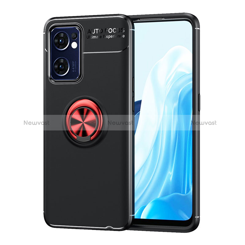 Ultra-thin Silicone Gel Soft Case Cover with Magnetic Finger Ring Stand JM1 for Oppo Reno7 5G Red and Black