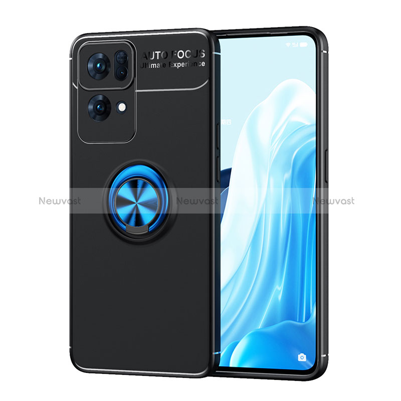 Ultra-thin Silicone Gel Soft Case Cover with Magnetic Finger Ring Stand JM1 for Oppo Reno7 Pro 5G Blue and Black