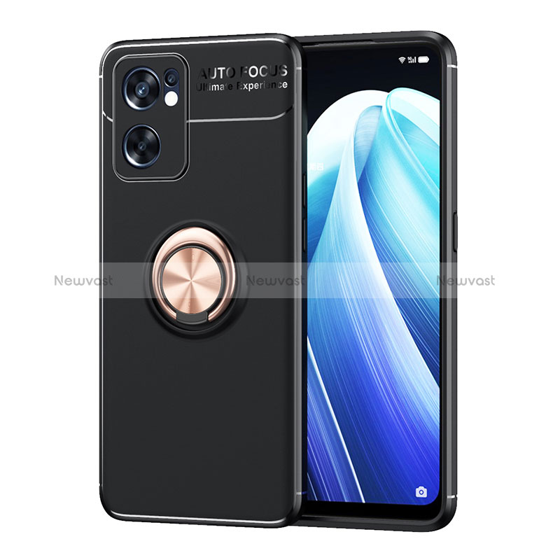 Ultra-thin Silicone Gel Soft Case Cover with Magnetic Finger Ring Stand JM1 for Oppo Reno7 SE 5G Gold and Black